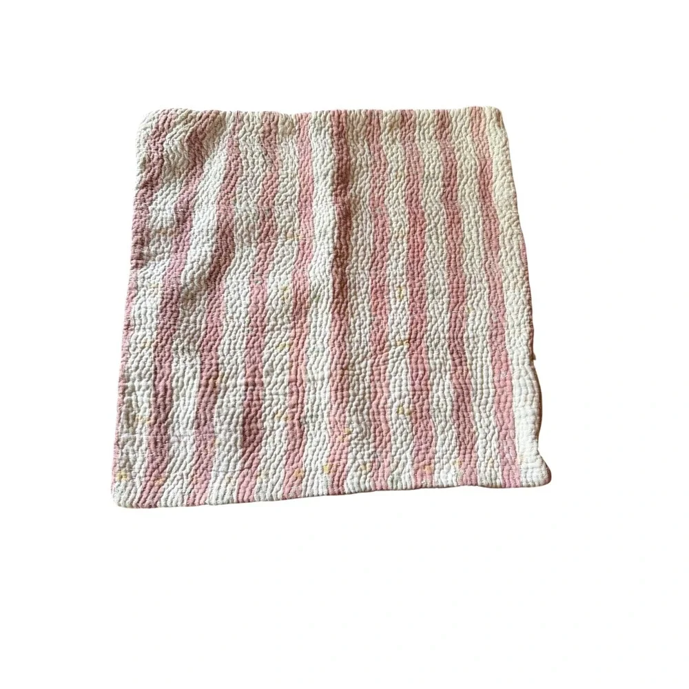 Boho Pillow Cover Pink Cream Kantha Stitch Striped Hand Quilted Square 16in